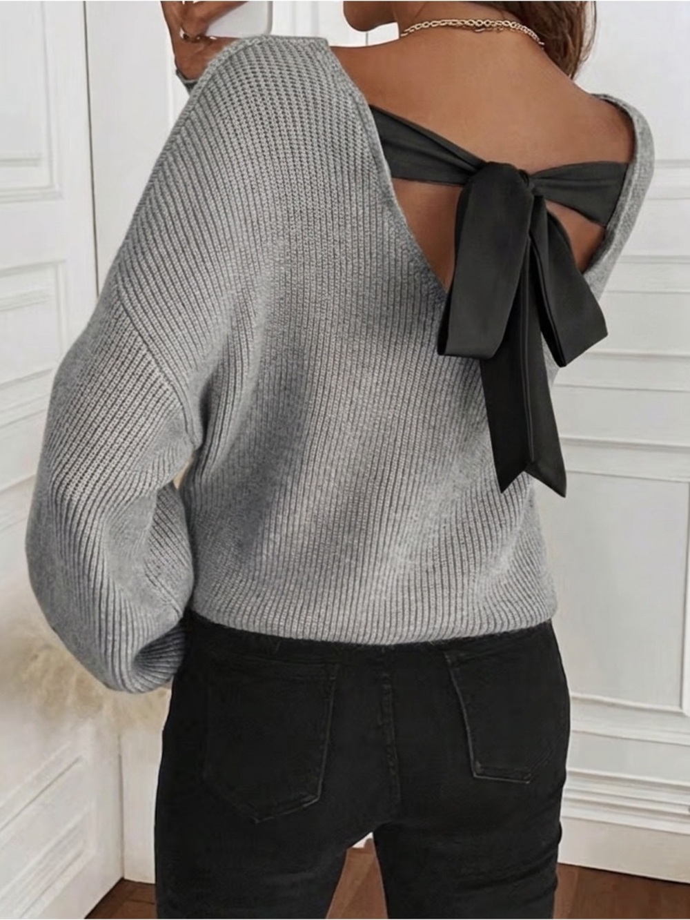 NWT-Women's Bow Chunky Knit Sweater Crew Neck Long Sleeve Knitted Sweater